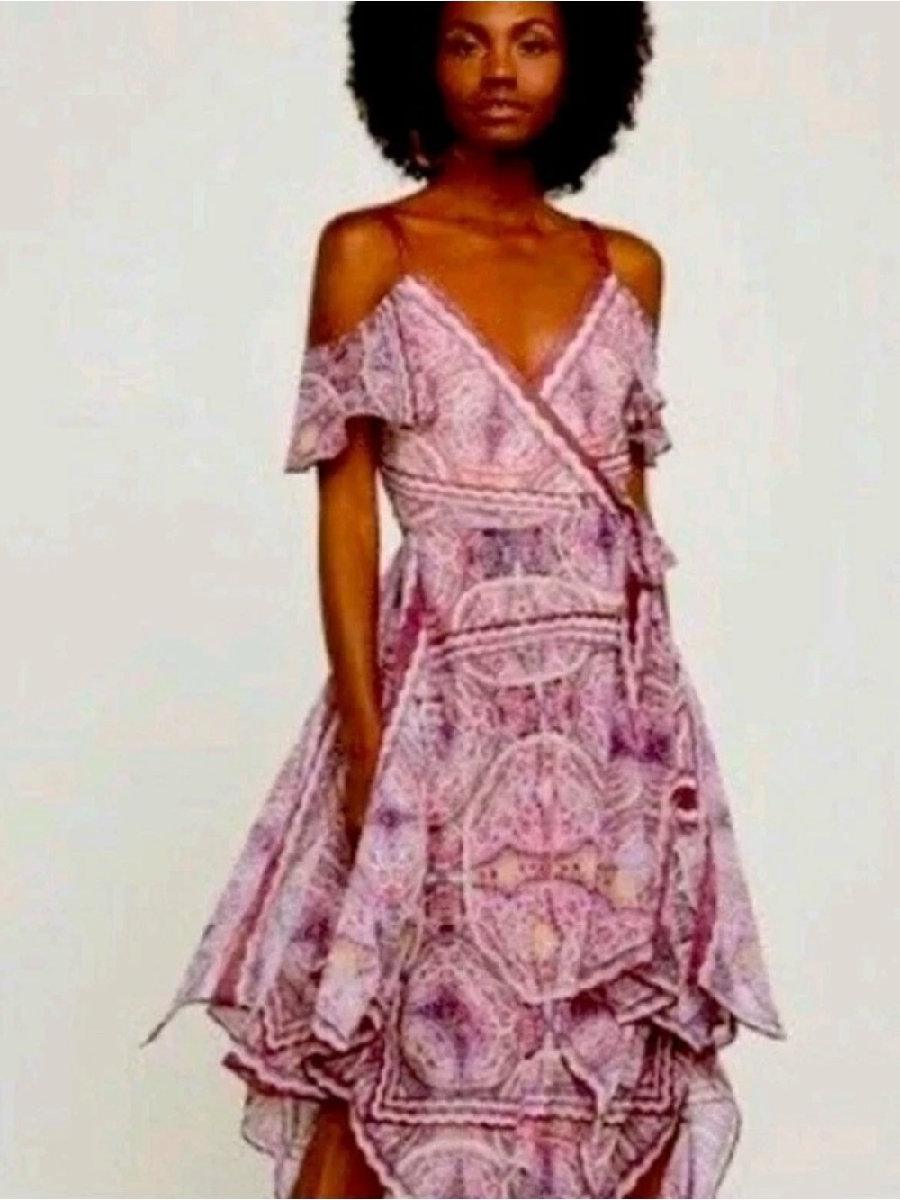 BCBG Pink Paisley Asymmetrical Cold-Shoulder Wrap Dress